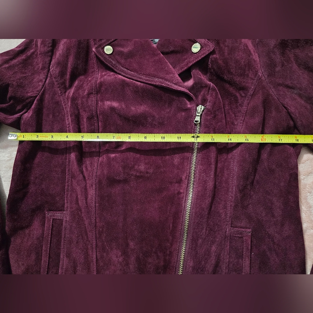 Isaac Mizrahi Live Suede Leather Moto Burgundy Wine Asymmetrical Zip Jacket US10 - Picture 8 of 10